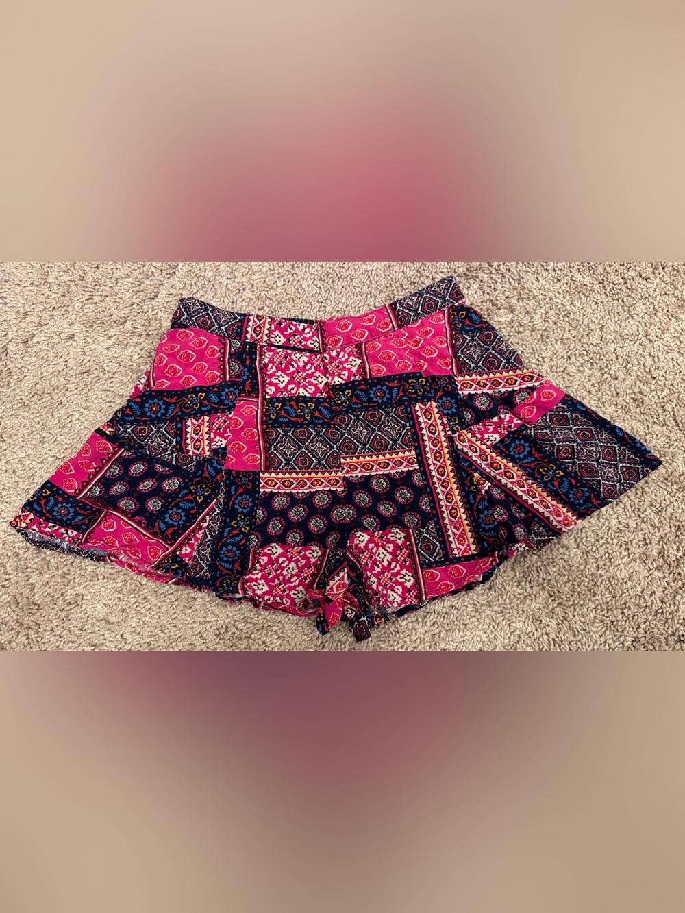 Hollister Pink and Navy Patchwork Print Ruffle Shorts